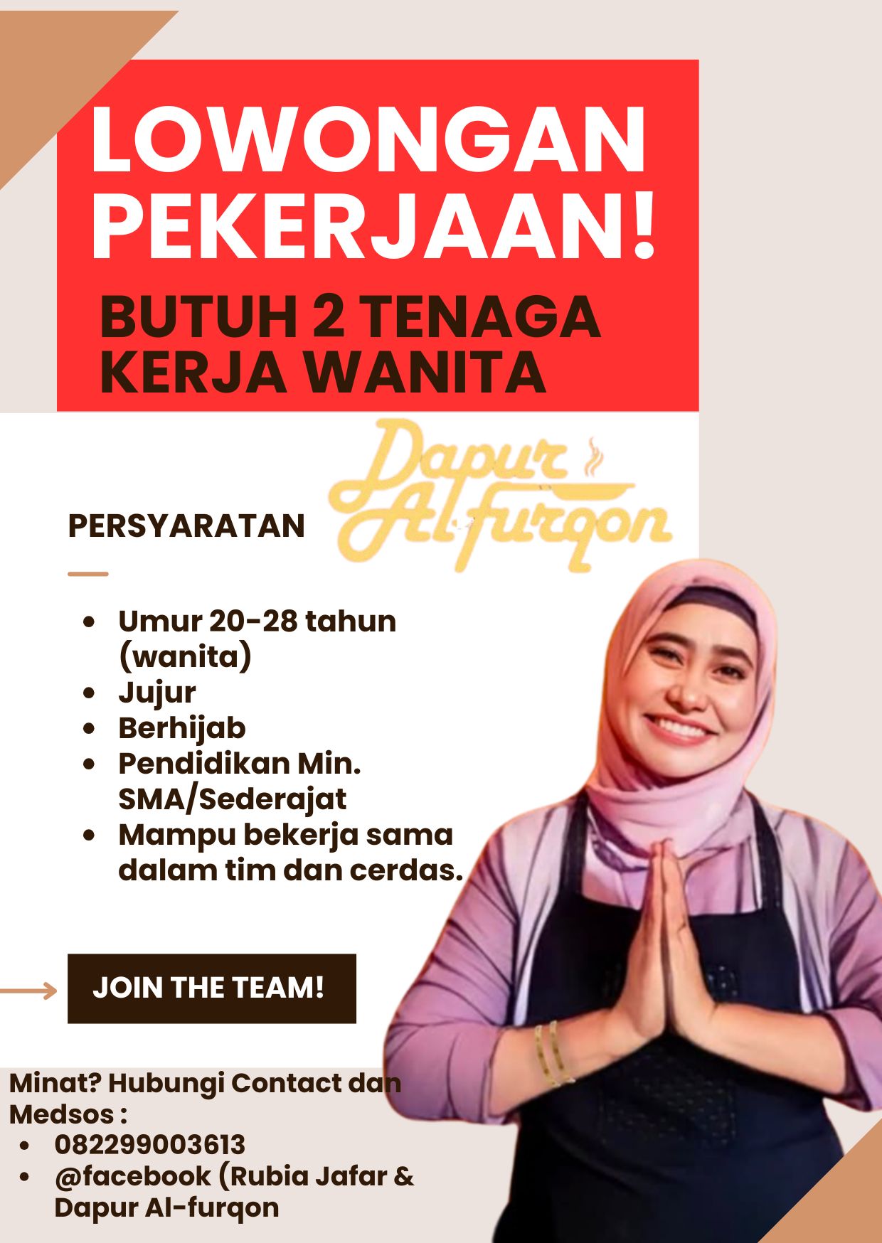 Dapur Al-Furqon di Buol Buka Lowongan Kerja: Dibutuhkan 2 Tenaga Kerja Wanita