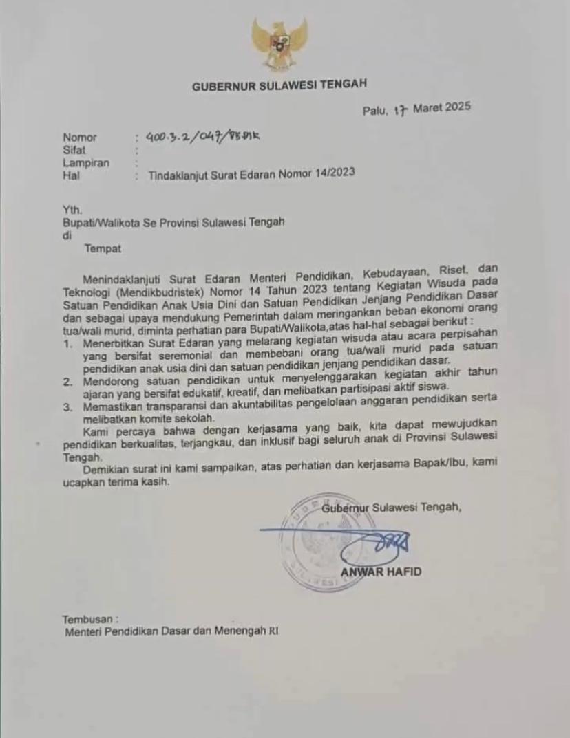 Intruksi Gubernur Sulteng! Sekolah Tidak Boleh Bebani Orang Tua dengan Wisuda Paud dan SD