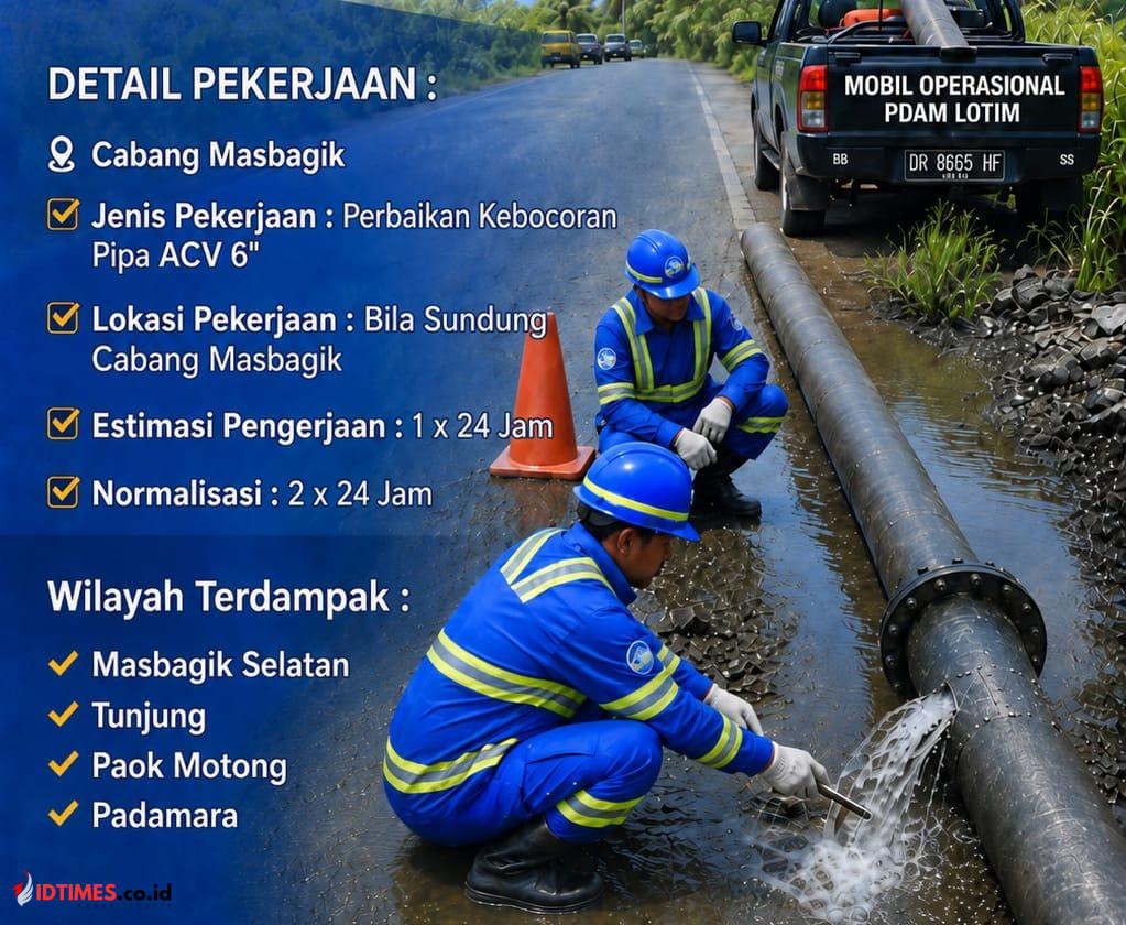 PDAM Lombok Timur Lakukan Perbaikan Pipa Bocor, Sejumlah Wilayah Masbagik Terdampak Gangguan Distribusi Air