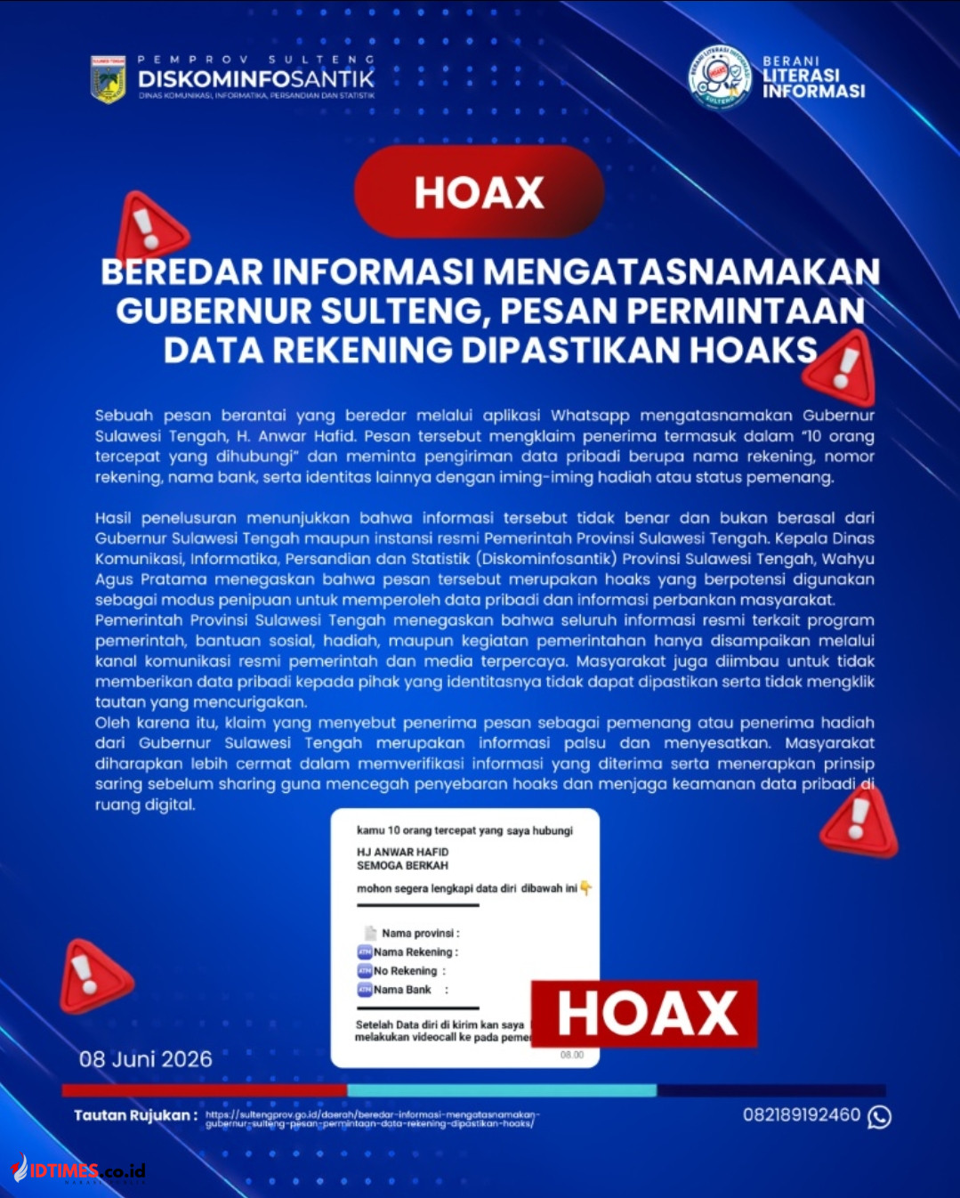 Awas Modus Pemenang Dadakan! Hoaks Berkedok Hadiah Gubernur Sulteng Beredar