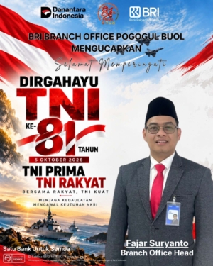 Pimpinan BRI Cabang Pogogul Buol: Dirgahayu ke-81, TNI Bersama Rakyat!